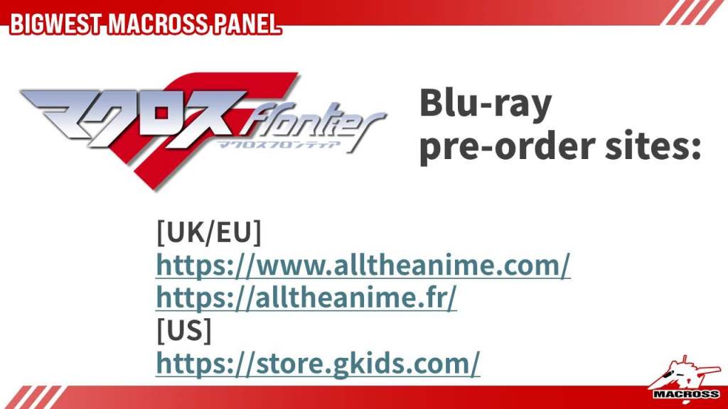 Macross Frontier Blu-ray pre-order sites: All The Anime for UK/EU and France, GKIDS Store for the US